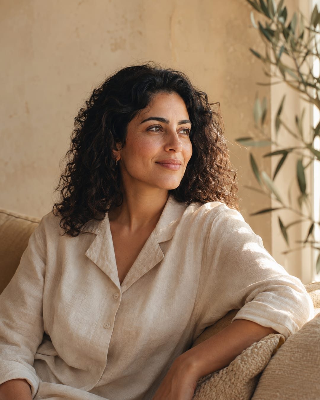 A woman in cream linen relaxing on a sofa beside a sunlit window.