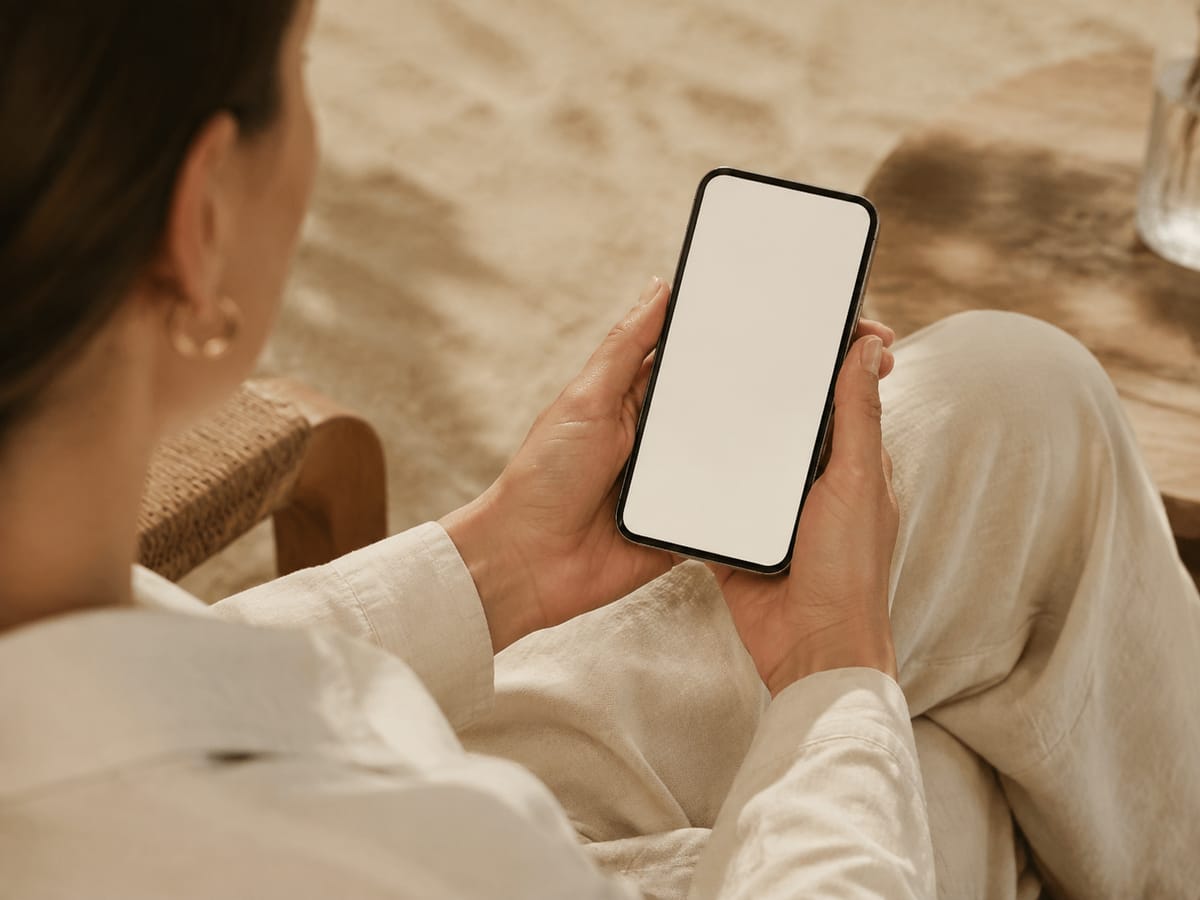An adult holding a phone while seated at home.