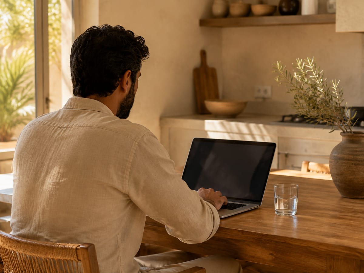 A man using a laptop at a sunlit kitchen table with a glass of water nearby.