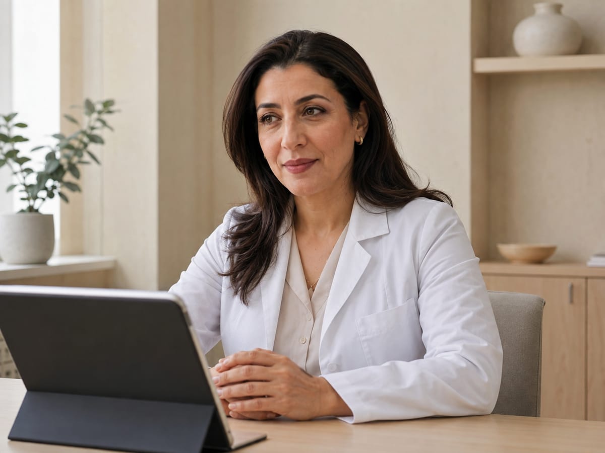 A fictional provider reviewing a tablet at a light wooden desk.