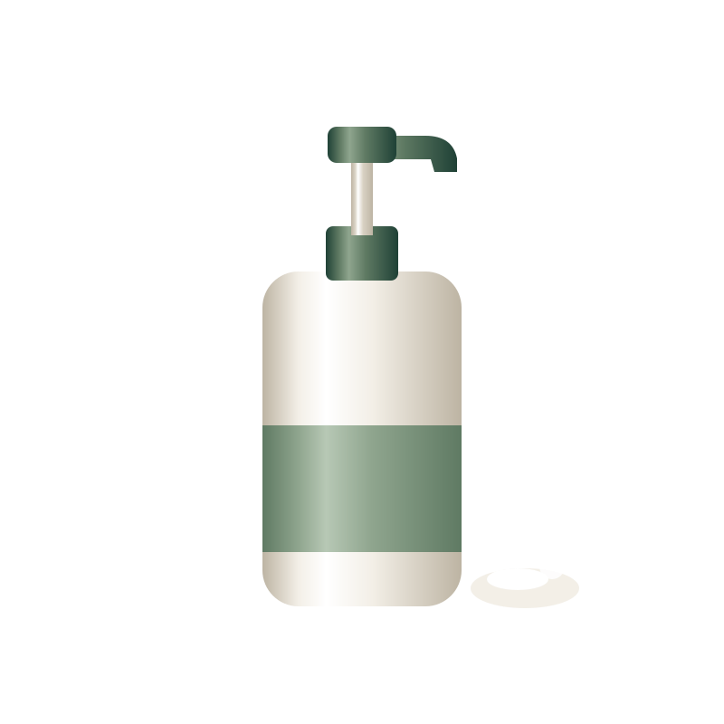 An unbranded ivory pump bottle with a sage band beside a little foam; illustrative concept.