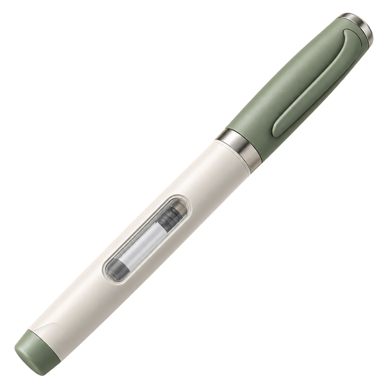An unbranded capped pen with a clear cartridge window, shown diagonally as concept packaging for Weight Loss & Metabolic Health.