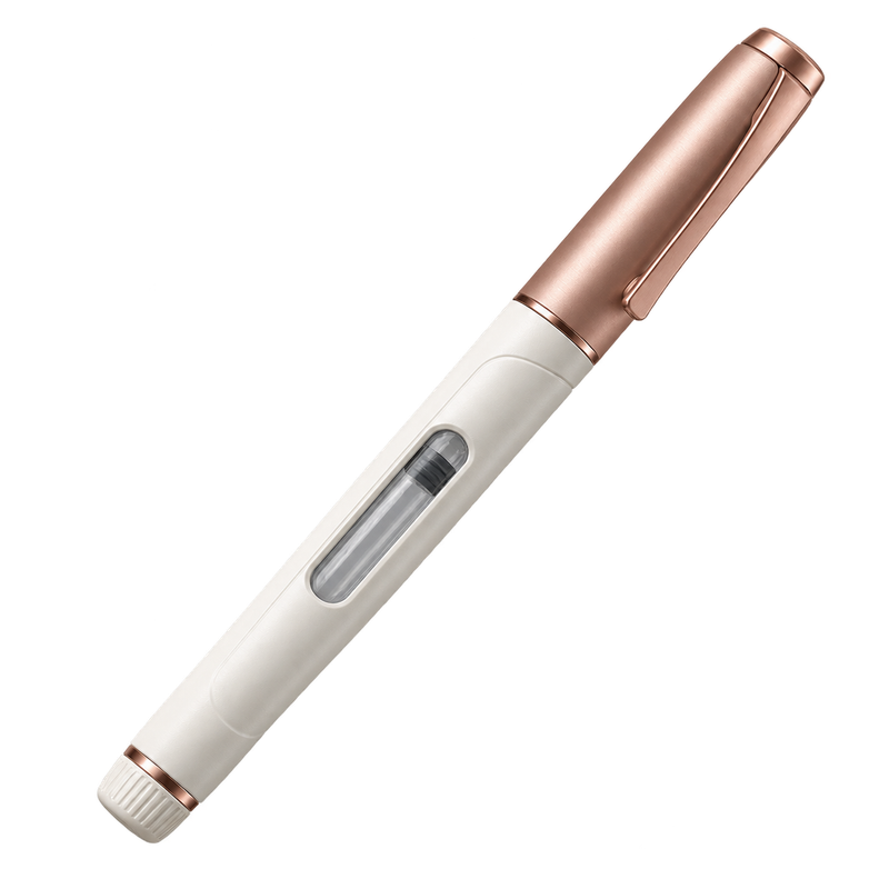 An unbranded capped pen with a clear cartridge window, shown diagonally as concept packaging for Skin, Hair & Beauty.