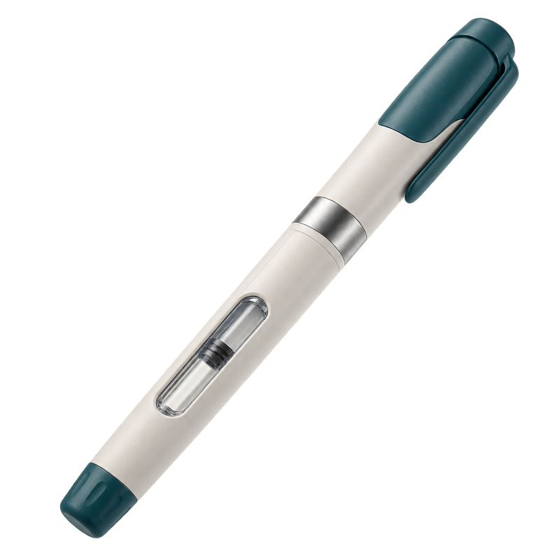 An unbranded capped pen with a clear cartridge window, shown diagonally as concept packaging for Muscle, Performance & Recovery.