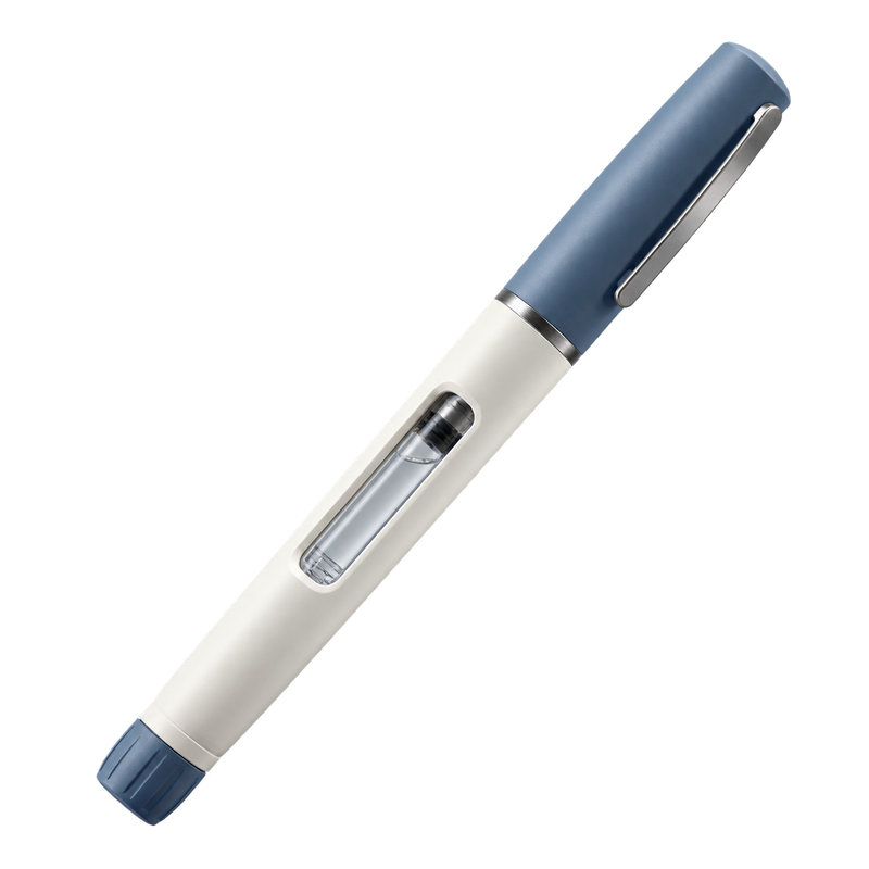 An unbranded capped pen with a clear cartridge window, shown diagonally as concept packaging for Focus, Mood & Mental Clarity.