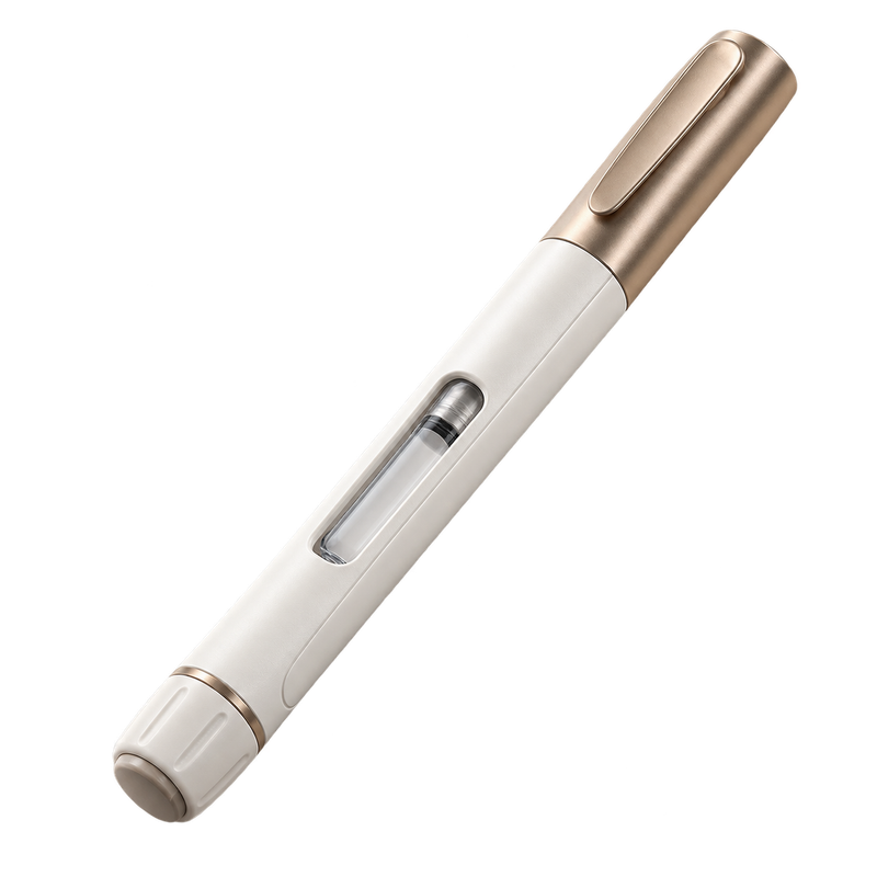 An unbranded capped pen with a clear cartridge window, shown diagonally as concept packaging for Longevity & Cellular Energy.