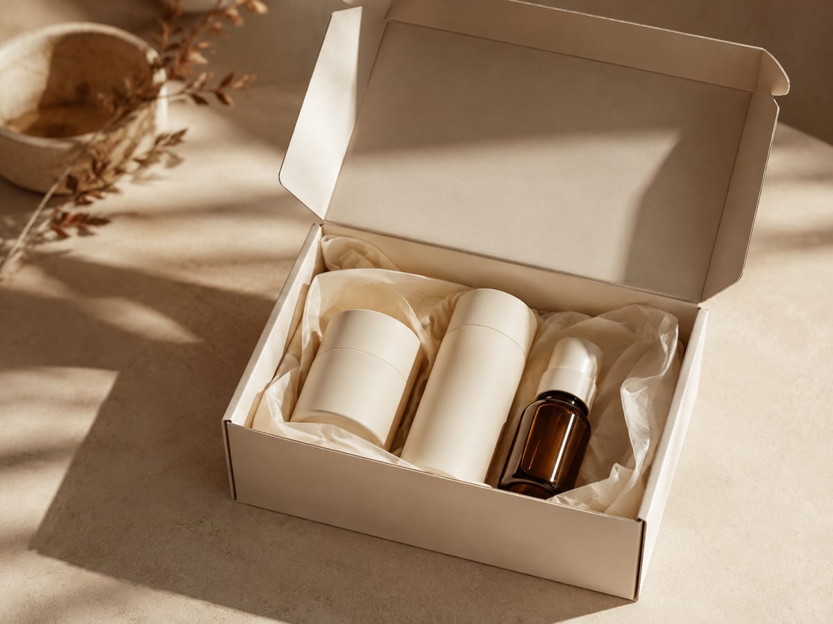 An open cream mailer with tissue paper and unmarked care containers.