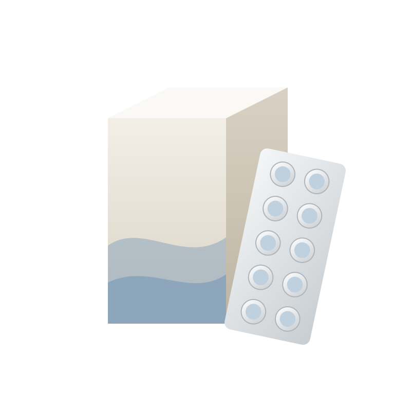 An unbranded ivory carton with a blue band beside a blister of tablets; illustrative concept.