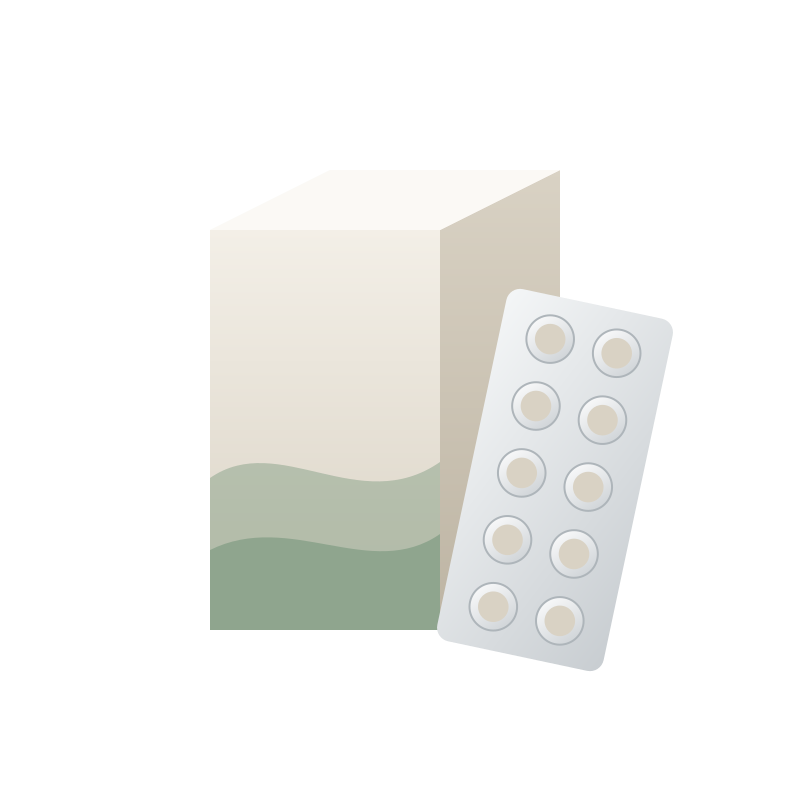 An unbranded ivory carton with a sage band beside a blister of tablets; illustrative concept.