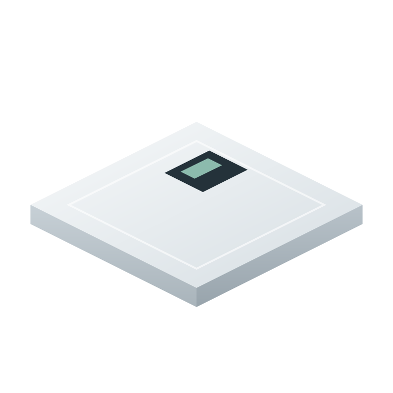 An unbranded glass bathroom scale with a small blank display; illustrative concept.